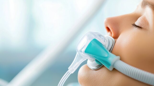 Close-up of person using CPAP mask for breathing A close-up image of a person wearing a CPAP mask, typically used for sleep apnea treatment or respiratory support in a medical setting