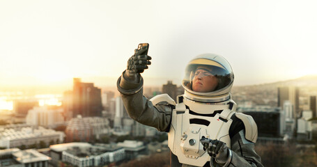 City, phone and search with astronaut outdoor on planet earth for directions or space exploration....