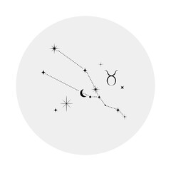 Taurus astrology zodiac sign and star constellation with moon. Mystical magic talisman tattoo, poster, sticker. Boho illustration. © Ann Muse