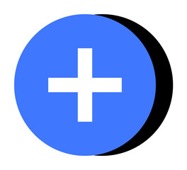 Blue circle with a white plus sign atop a black shadow. Ideal for healthcare, medical, add, first aid, or pharmacy themes. Simple design style.