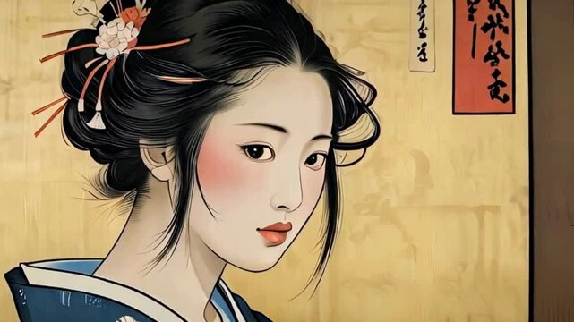 Portrait of a graceful Japanese woman in traditional attire, wearing a detailed kimono with floral patterns and a refined hair accessory, capturing the essence of elegance in Asian culture. Art.