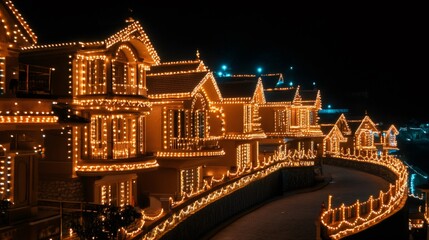 Row of houses decorated with Christmas lights at night.