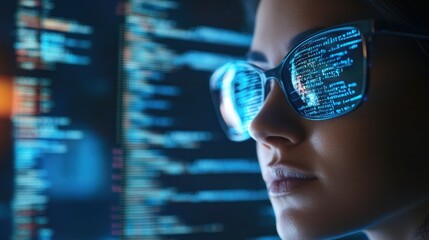 Software, a holographic coding system, and a lady working in information technology, data analytics, and GDR overlay. Programmer or information technology worker with spectacles reading computer scrip