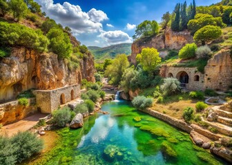 Fototapeta premium Nestled in the foothills of Mount Hermon, Caesarea Philippi boasts lush greenery and crystal-clear waters, a tranquil haven amidst ancient ruins.