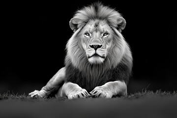 Fototapeta premium Majestic lion resting in the African savannah, black and white, line art, powerful, regal, wildlife, king of the jungle ::1.2 mane, golden grass, safari, zebras, wildlife photographers