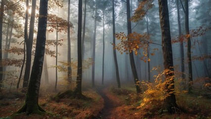 Obraz premium A misty morning in an autumn forest