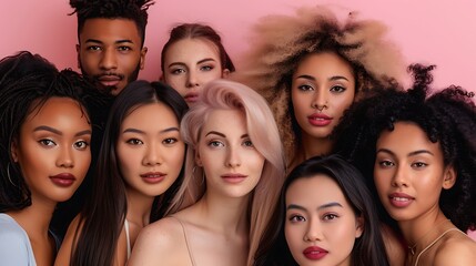 Obraz premium Diverse People with Different Makeup Styles Group Portrait Shot, Stock Photo Style, , Makeup Styles, Diversity
