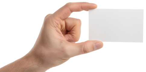 hand holding blank business card mockup isolated on white background