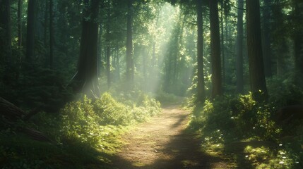 Sunbeams illuminate a path through a dense, green forest.