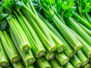 Fototapeta premium Crisp celery ribs arrange in a vibrant emerald green display, evoking freshness and natural vitality, a burst of color and nutrients on the plate.