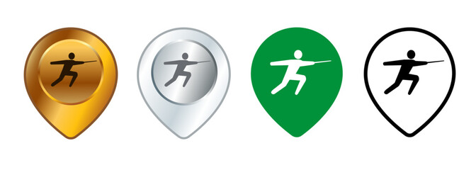 Fencing area map location pinpoint destination route guide sport arena zone practice sword fight design set collection