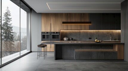 Luxurious modern minimalist kitchen in gray with classic wooden fixtures AI generates images