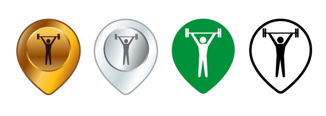Gym location bodybuilder area map destination pinpoint health training workout weightlifting zone design set collection
