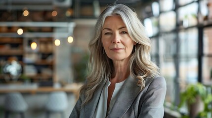 Obraz premium Confident Mature Businesswoman in Workplace, Business Theme, Portrait Shot, Plain Office Background, Workplace