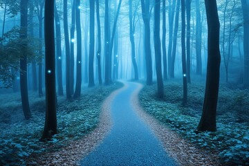Fototapeta premium Mystical Forest Path: A winding path through a dense, misty forest, illuminated by ethereal orbs of light, evoking a sense of mystery and wonder. 