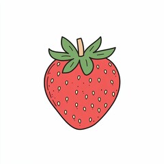Obraz premium A vibrant strawberry with lush green leaves sits against a white backdrop, highlighting its juicy texture and appealing color before consumption