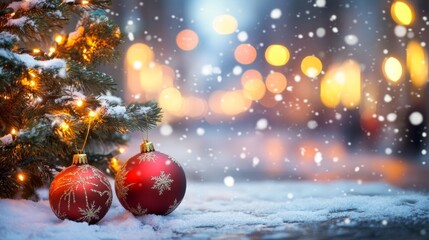 Decorated Christmas tree with ornaments and glowing lights on a snowy street, with festive blur bokeh in the background. Snow is gently falling at twilight.
