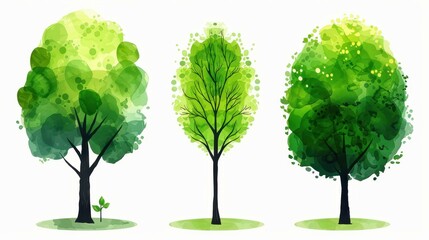 Delicate watercolor trees showcase seasonal shades of green, ideal for environmental projects and cozy seasonal designs.