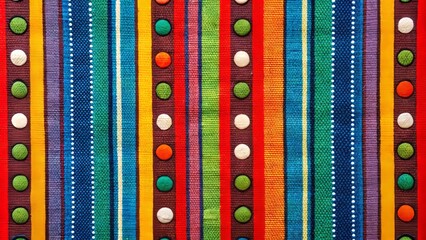 Bold, colorful stripes and dots dance on a textured background, woven together with contrast threads forming a vibrant, graphic pattern for fabric.