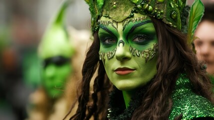 Close-up portrait of a woman with green face paint and a leafy crown, looking to the side.