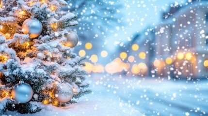 Decorated Christmas tree with ornaments and glowing lights on a snowy street, with festive blur bokeh in the background. Snow is gently falling at twilight.