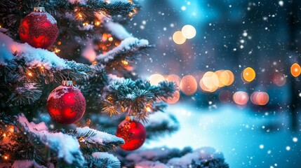 Decorated Christmas tree with ornaments and glowing lights on a snowy street, with festive blur bokeh in the background. Snow is gently falling at twilight.