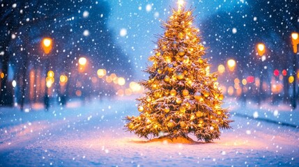 Decorated Christmas tree with ornaments and glowing lights on a snowy street, with festive blur bokeh in the background. Snow is gently falling at twilight.