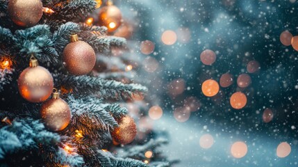 Decorated Christmas tree with ornaments and glowing lights on a snowy street, with festive blur bokeh in the background. Snow is gently falling at twilight.