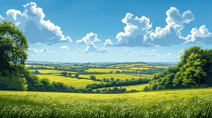 A serene landscape showcasing lush green fields, rolling hills, and a bright blue sky with fluffy clouds.