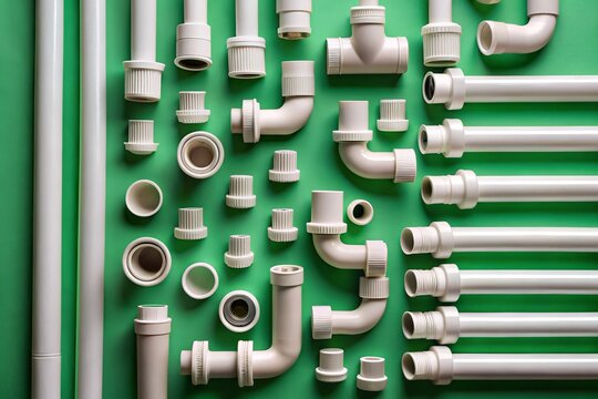 "PVC pipes with connectors and fittings, laid out in a compact and organized manner, with a green background and a simplified layout"