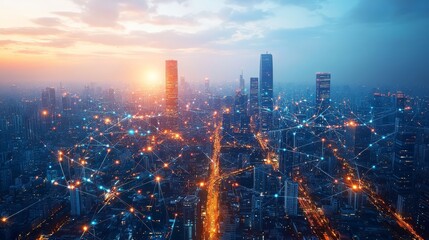 Aerial view of a futuristic city with network connections at sunset, showcasing modern technology and urban innovation.