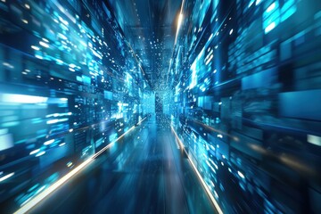 A futuristic tunnel with neon lights and a blue background