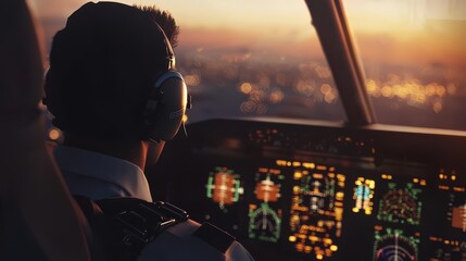 Airline pilot navigating a plane during a stunning sunset. Focus on cockpit controls with lit indicators reflecting on the windshield.