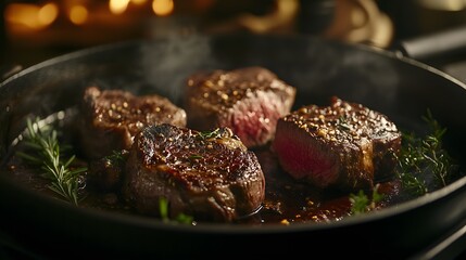 Fototapeta premium Cooking beef and lamb steaks with rosemary for a gourmet meal