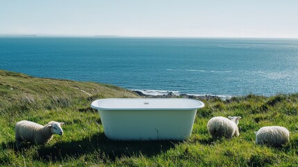 Bathtub on a grassy hill overlooking the ocean with grazing sheep, scenic peaceful countryside view