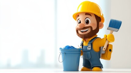 Cheerful cartoon construction worker holding a blue paintbrush and bucket, ready for painting....