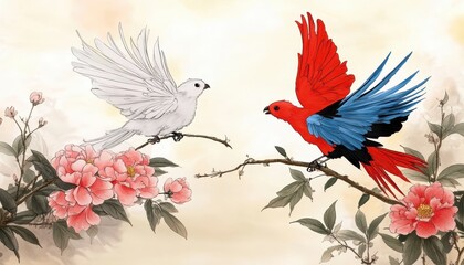 Obraz premium A vibrant illustration featuring a red and blue bird alongside a white bird, perched on branches with colorful peonies.