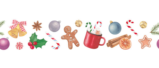 Watercolor Seamless Christmas Border with Holiday