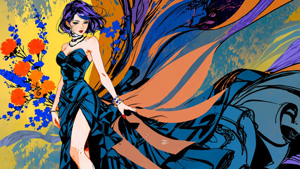 A stunning painting of an elegant woman in a flowing light blue and navy dress. Her styled blue hair, red lipstick, and abstract orange flowers contrast beautifully against a bright orange backdrop.