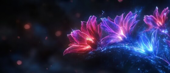 A vibrant, glowing flower in a dark space, showcasing beautiful petals radiating colors of pink and blue, evoking a magical atmosphere.