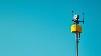 A detailed view of a wind gauge capturing airspeed against a vibrant azure backdrop, highlighting accuracy in atmospheric observation.