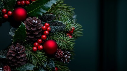 Obraz premium Christmas Wreath with Holly Pine Cones and Red Baubles