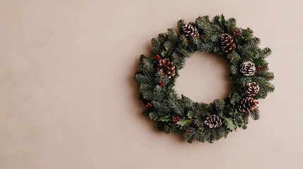 Christmas Wreath with Pine Cones and Holly Berries on Beige Background