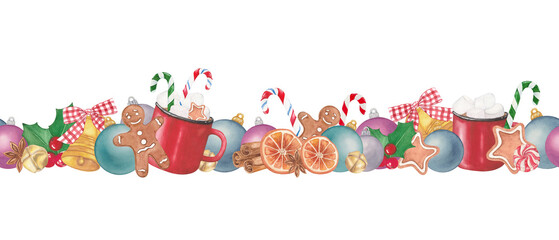 Naklejka premium Colorful Hand-Drawn Watercolor Seamless Christmas Border with Holiday Decorations