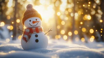 Obraz premium A cheerful snowman wearing a beanie and scarf, standing in the snow with glowing bokeh lights, perfect for Christmas themes and copyspace holiday designs.