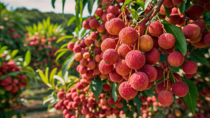 fresh lychees hanging on the lychee tree