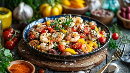 A vibrant medley of fresh ingredients artfully arranged, perfect for impressing guests at any dining occasion.