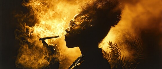 Silhouette of a person exhaling smoke against a vibrant, artistic background, capturing a moment of tranquility and contemplation.