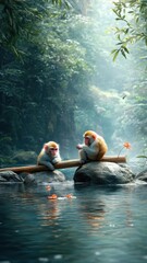 A joyful group of monkeys playing around a stream, creating a lively scene in the jungle.