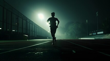 Silhouette of a person running on a city street at night